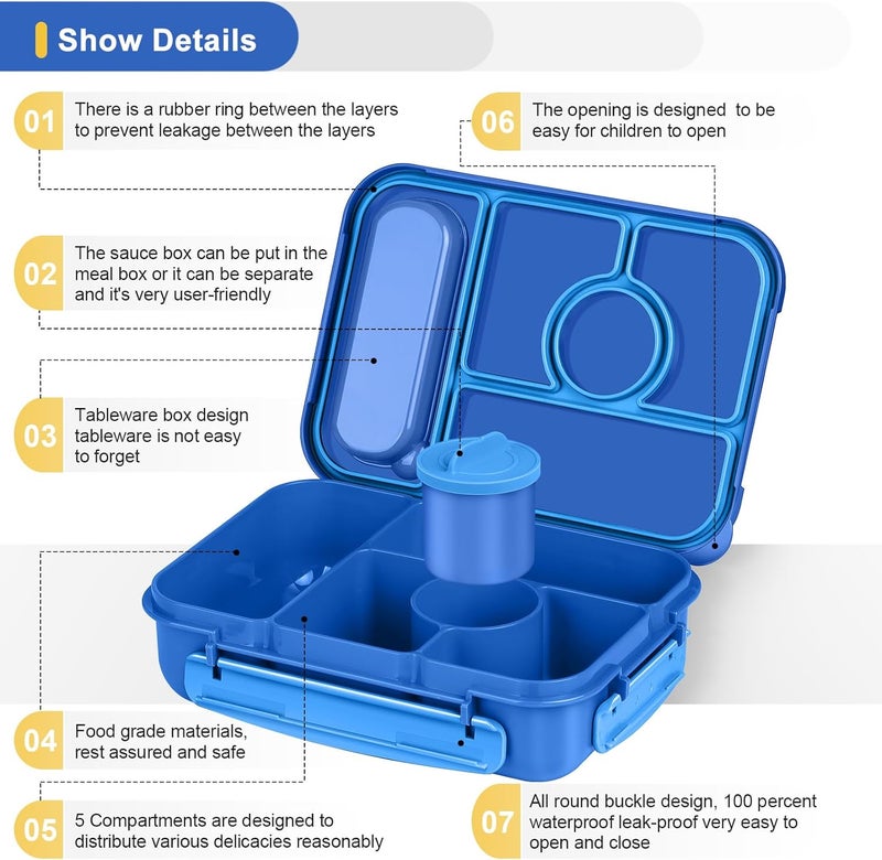 Amathley Bento Box Adult Lunch Box Kids,Lunch Containers for Adults/Kids/Toddler,5 Compartments Bento Lunch Box with Sauce Vontainers,Microwave & Dishwasher & Freezer Safe,BPA-Free (Navy) - Image 3